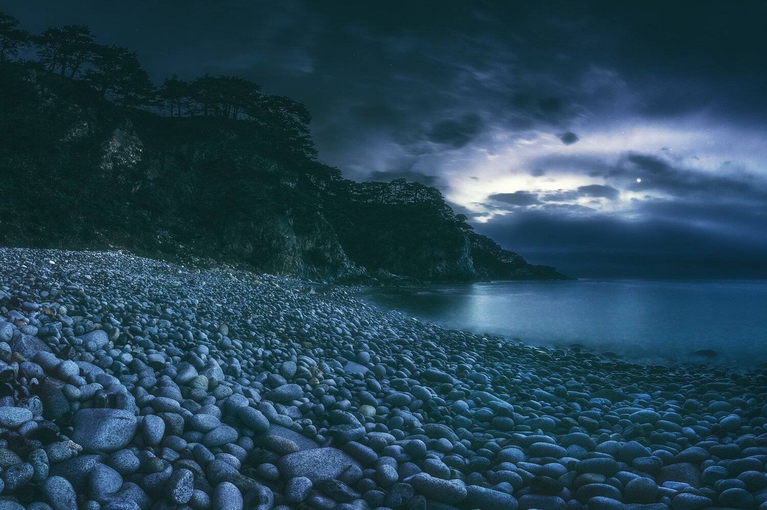 ночь, луна, море, скалы, камни, Андрей Кровлин