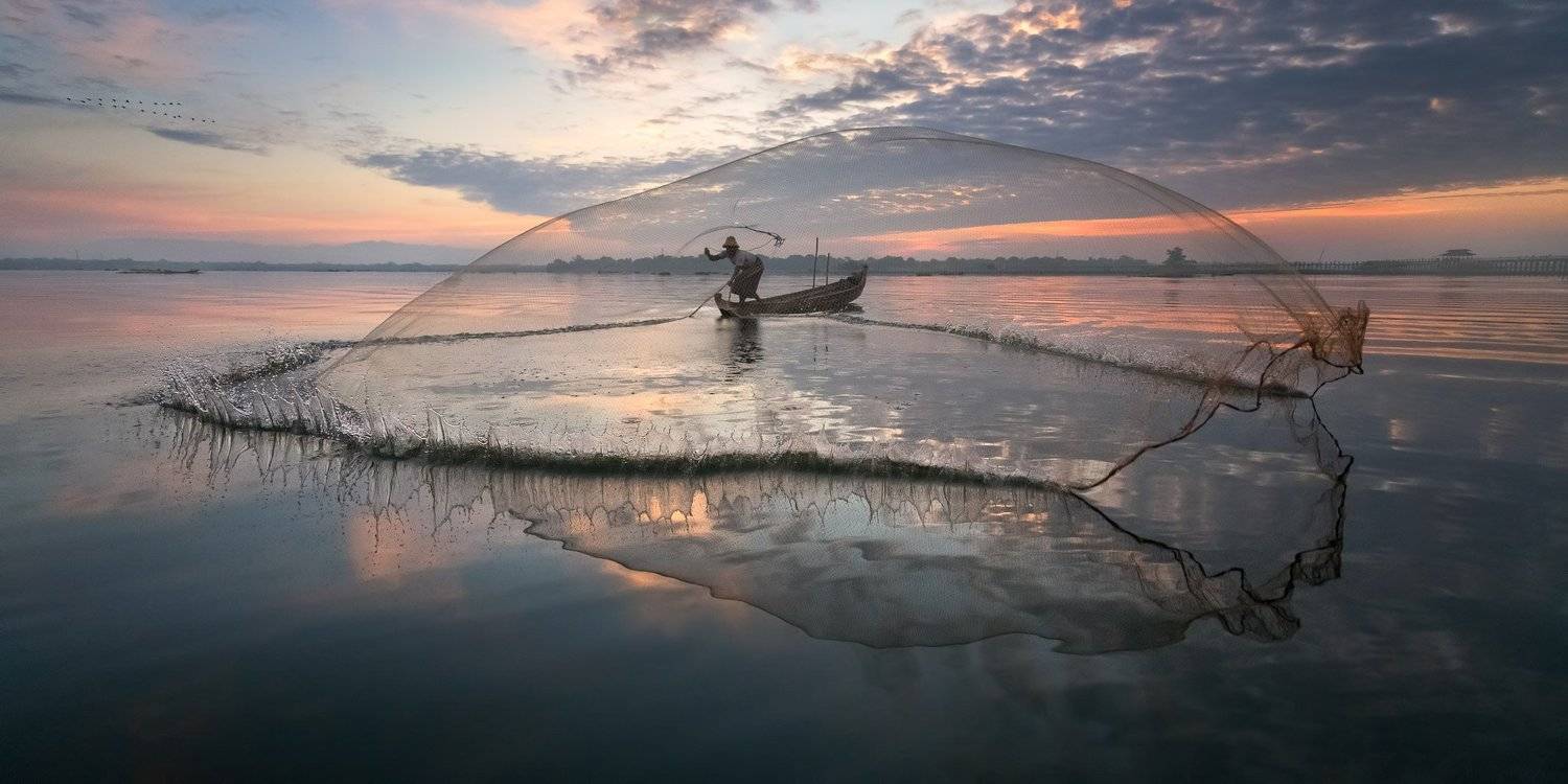 amarapura, asia, asian, balance, birma, blue, boat, burma, burmese, catch, countryside, culture, dawn, early, fish, fisherman, fishing, freshwater, kayak, labor, lake, landscape, life, man, mandalay, morning, myanmar, nature, net, outdoor, paddle, reflect, Andrey Omelyanchuk