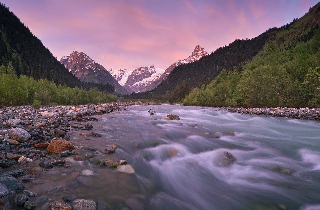 рассвет, домбай, весна, , река, аманауз, Николай Мысливцев