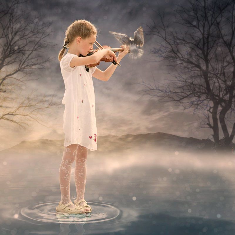 girl, water, reflection, clouds, tree, white, playing, violin, mystery, dove, sublime The sublime symphony фото превью
