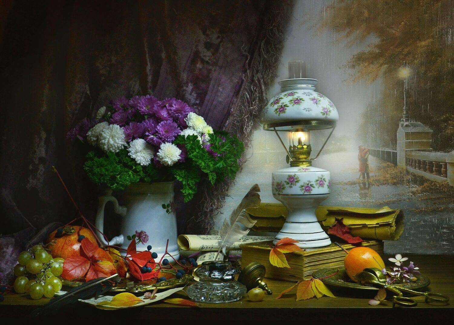 still life, натюрморт,фото натюрморт, стихи, октябрь, осень, листья, картина маслом,керасиновая лампа, книги, чернильница, перо, гранаты, виноград, ноты,хризантемы, Колова Валентина