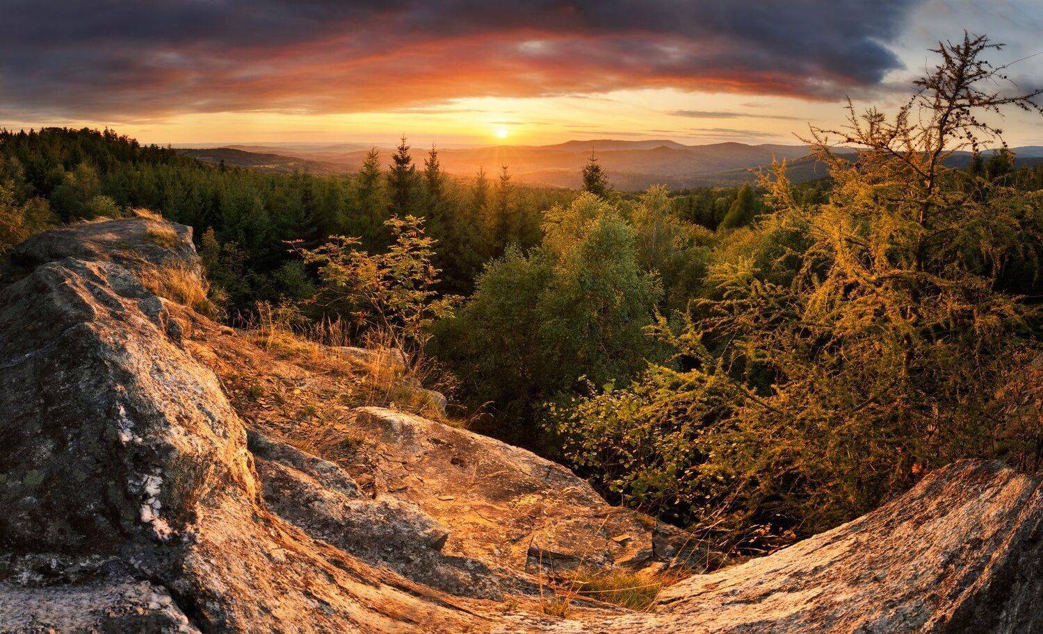 landscape, tree, sunset, panorama, rocks, Petr Fiala