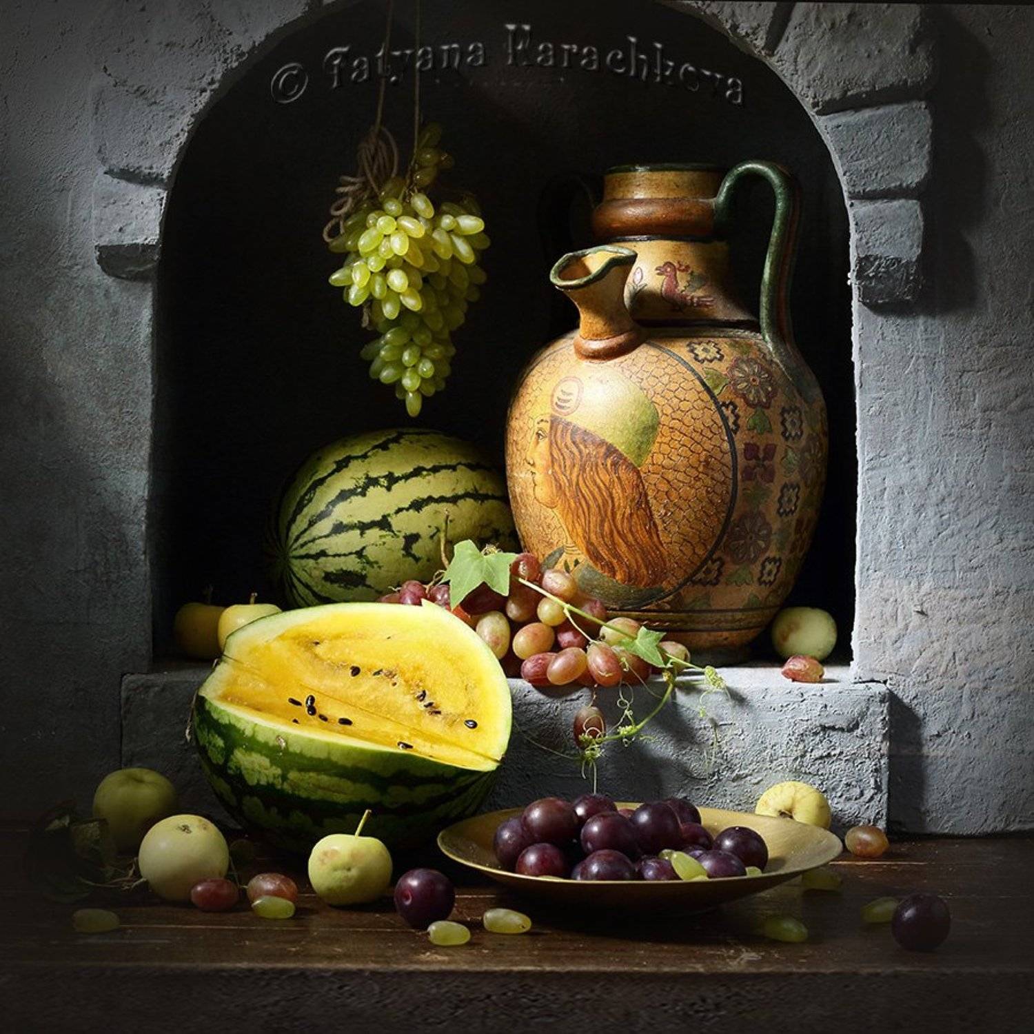 натюрморт, ниша, арбуз, виноград, кувшин, Tatyana Karachkova
