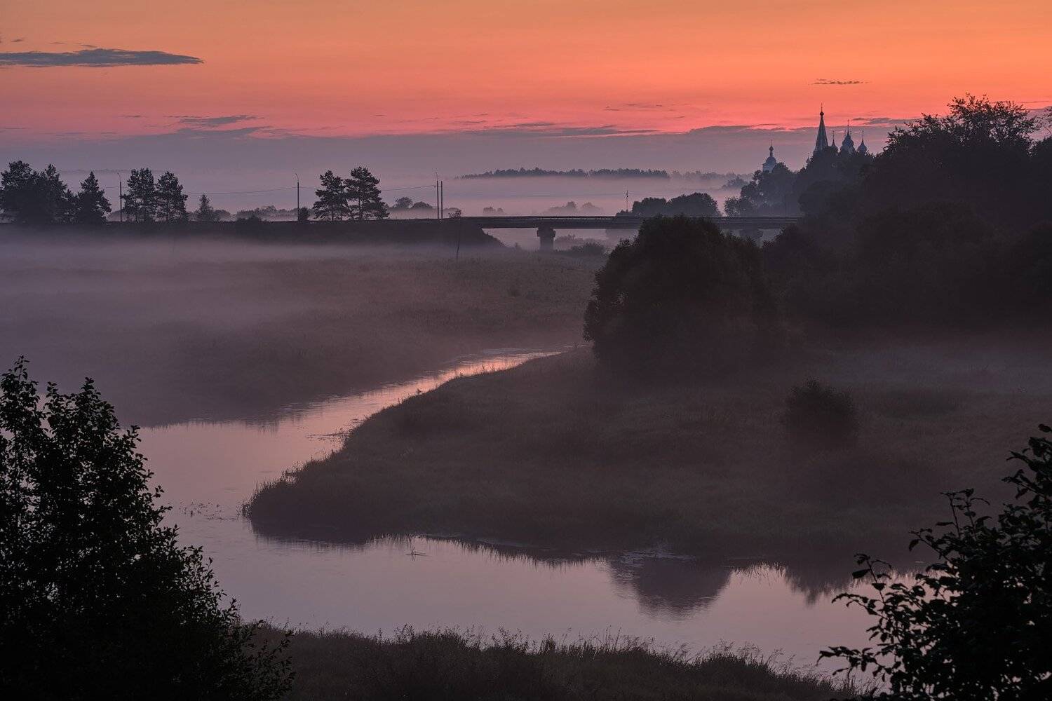 дунилово, теза, рассвет, туман, мост, река, Григорий Бельцев
