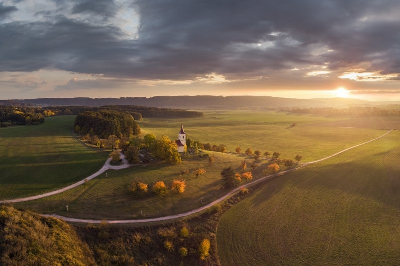 aerial, mavic, church, dronephoto, drone, autumn, czechia, Autumn lights.. фото превью
