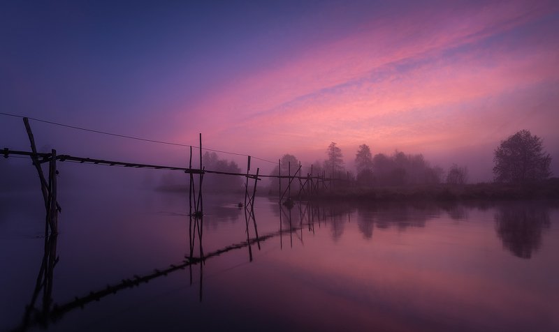 bridge, river, morning, blue, water, fog Sunrise on the River фото превью
