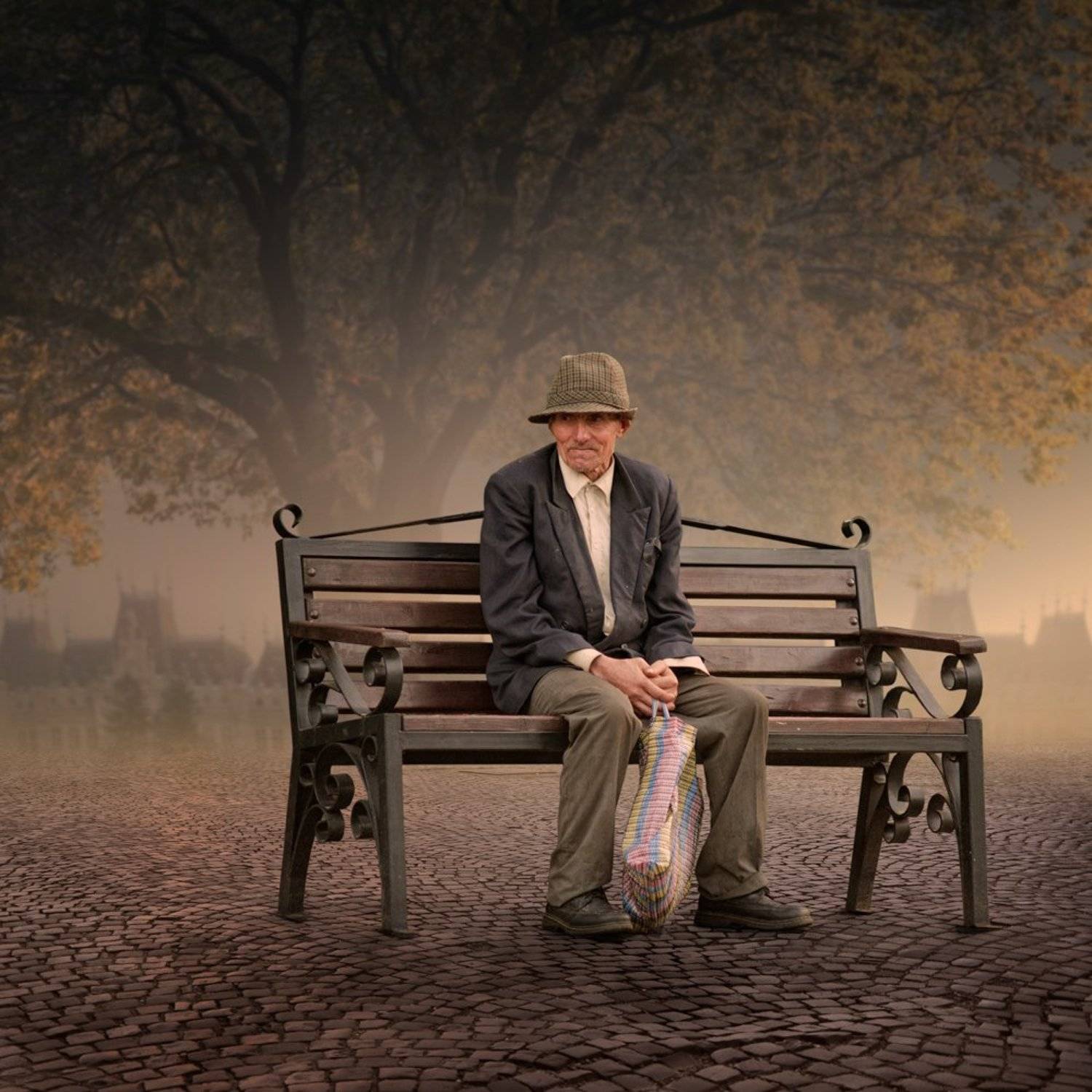 mist, sky, fog, morning, reflection, clouds, old, shadow, bench, man, life, brick, play, time, violin, pole, castle, stone, dream, light pole, Caras Ionut