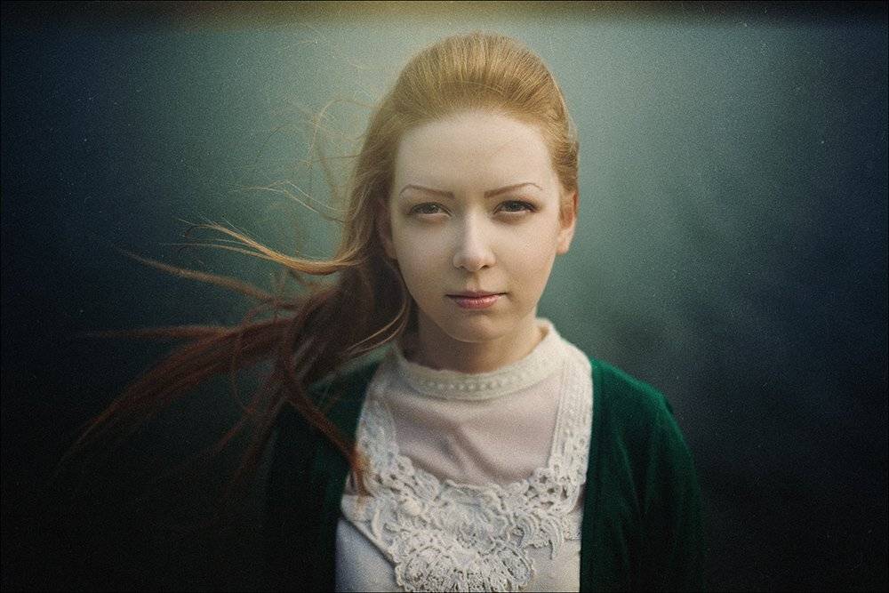 portrait, blue, yellow, girl, grain, water,, Danila Lopatkin