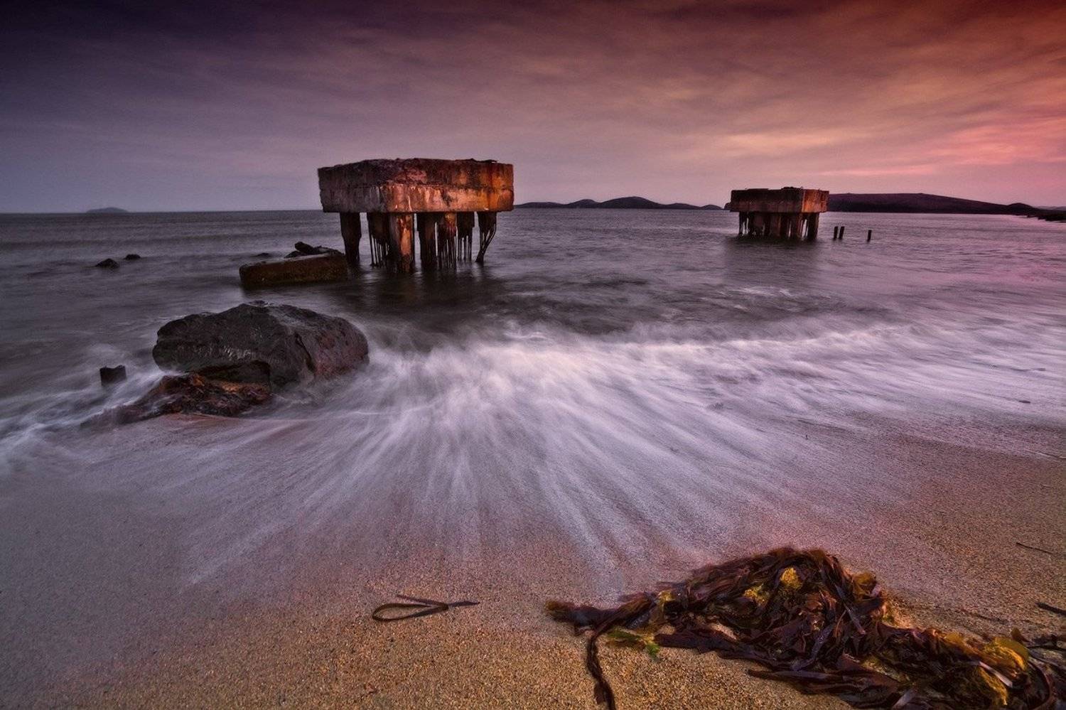 бетонные, сооружения, море, вечер, песок, Андрей Кровлин