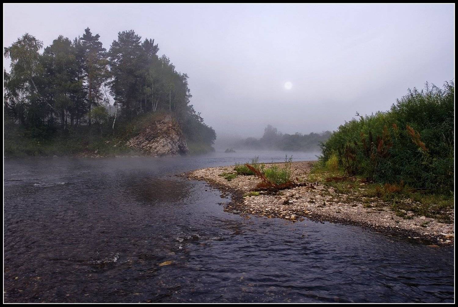 лето, утро, река, скалы, туман, Олег Дунаев
