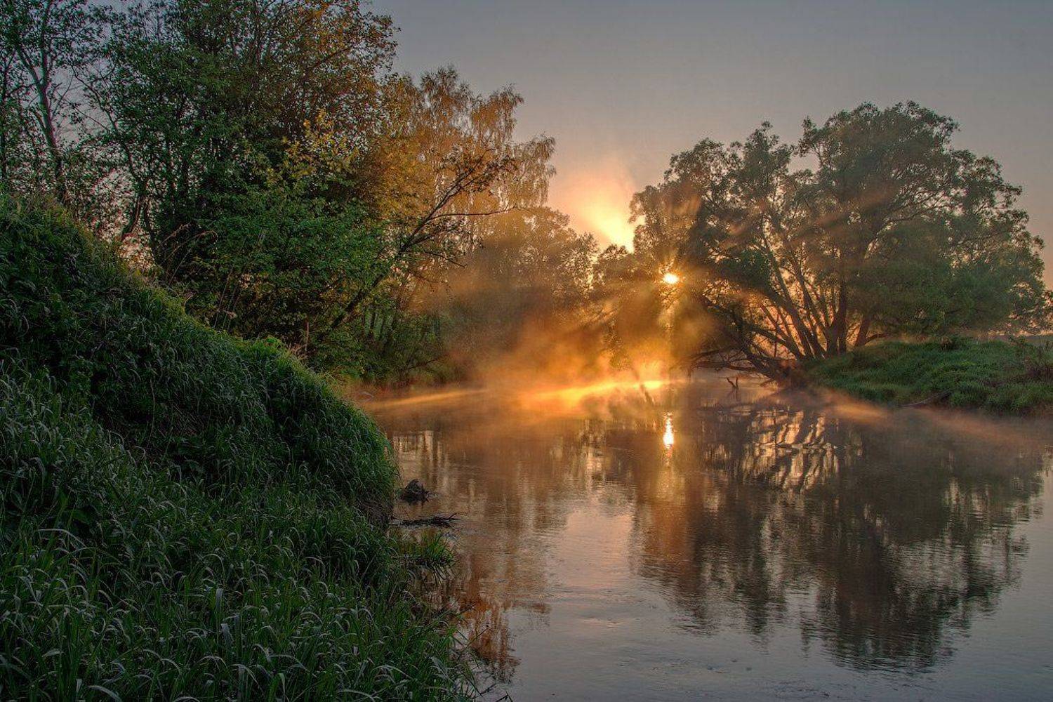 лучи, пейзаж, река, солнце, утро, Соболев Игорь