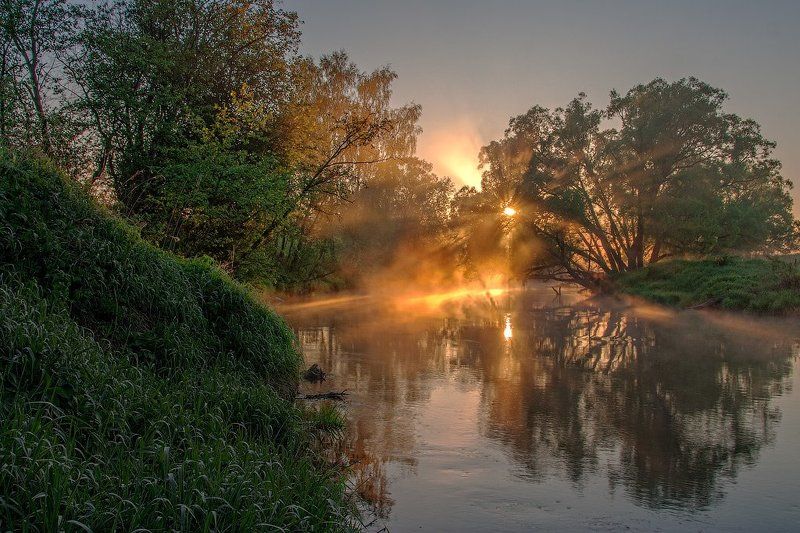 лучи, пейзаж, река, солнце, утро Рассветная фото превью