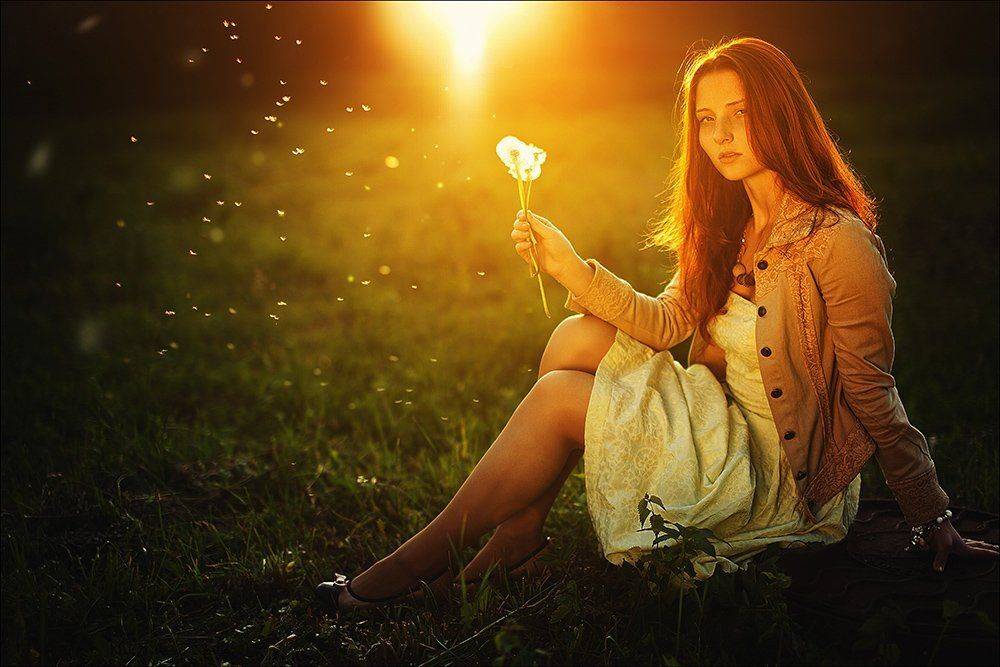 june, portrait, girl, yellow, sun, dandelion, sunset, red, red hair, Данила Лопаткин