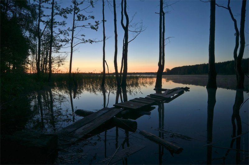 мостик, ночь, озеро белое, пейзаж, природа, рассвет, тишина Ночой мостик фото превью
