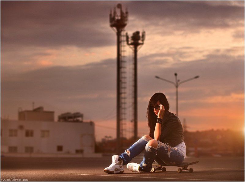 девушка, скейт, вечер, закат *** фото превью
