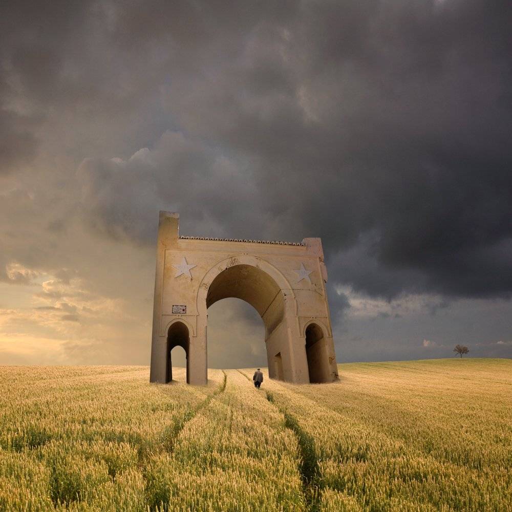 field, sky, reflection, light, clouds, tree, temple, shadow, man, wheat, walking, ground, journey, grain, portal, Caras Ionut