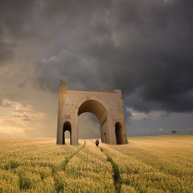 field, sky, reflection, light, clouds, tree, temple, shadow, man, wheat, walking, ground, journey, grain, portal Behind the secret world фото превью