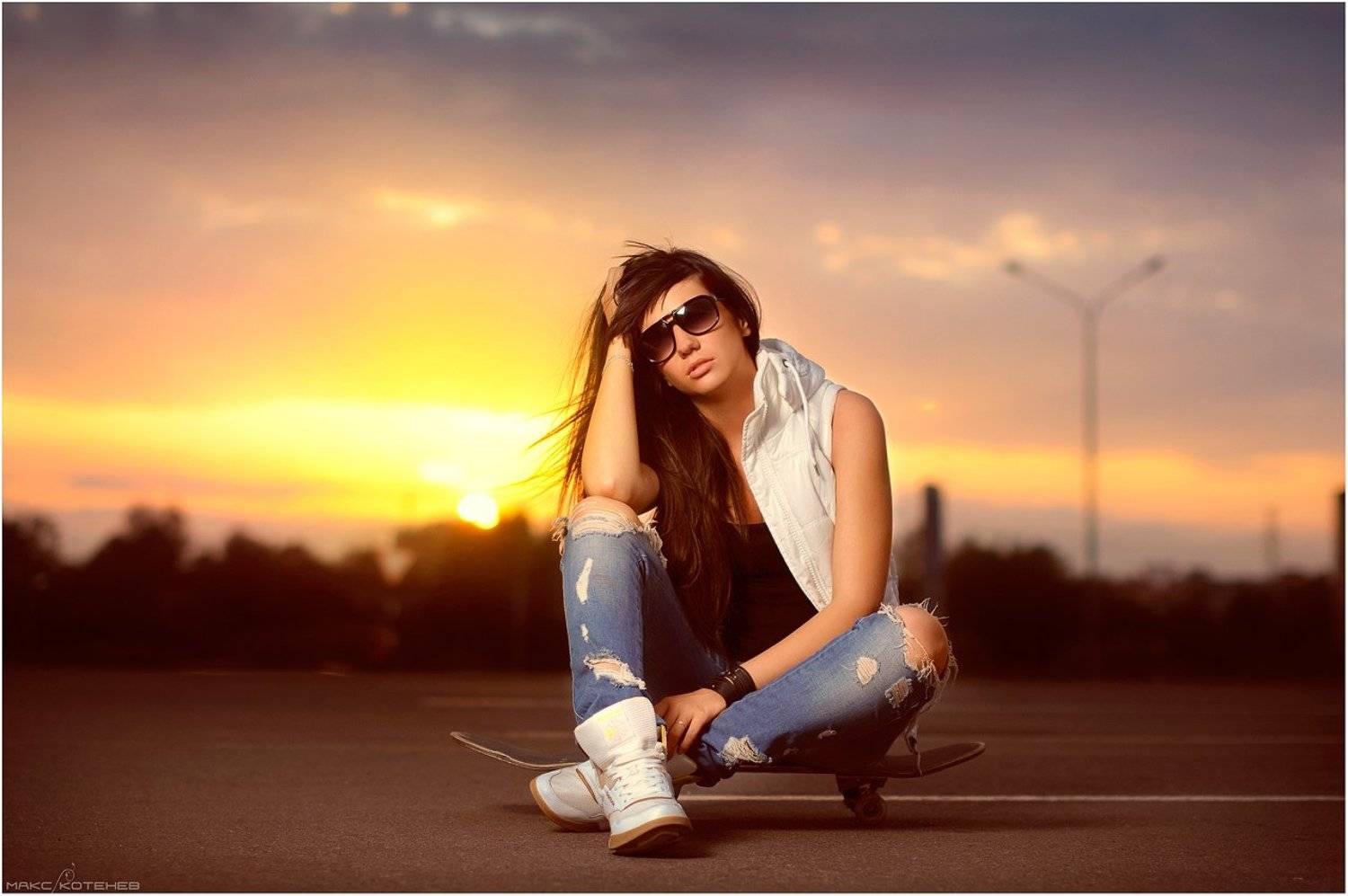 девушка, закат, вечер, скейт, Макс Котенёв