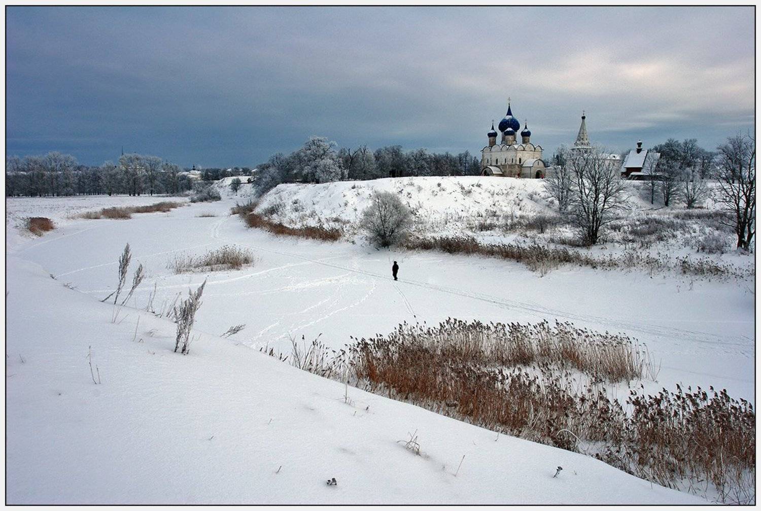 зима, река, церковь, человек, Олег Дунаев
