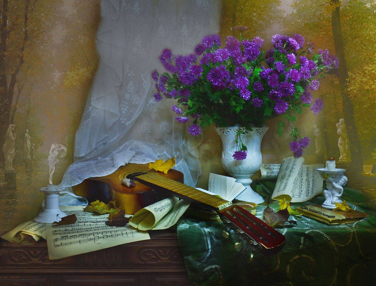 still life, натюрморт, цветы, хризантемы, фото натюрморт, стихи, свечи, книги, картина маслом, ноты,гитара,  подсвечник, осень, октябрь,  кленовые листья,, Колова Валентина
