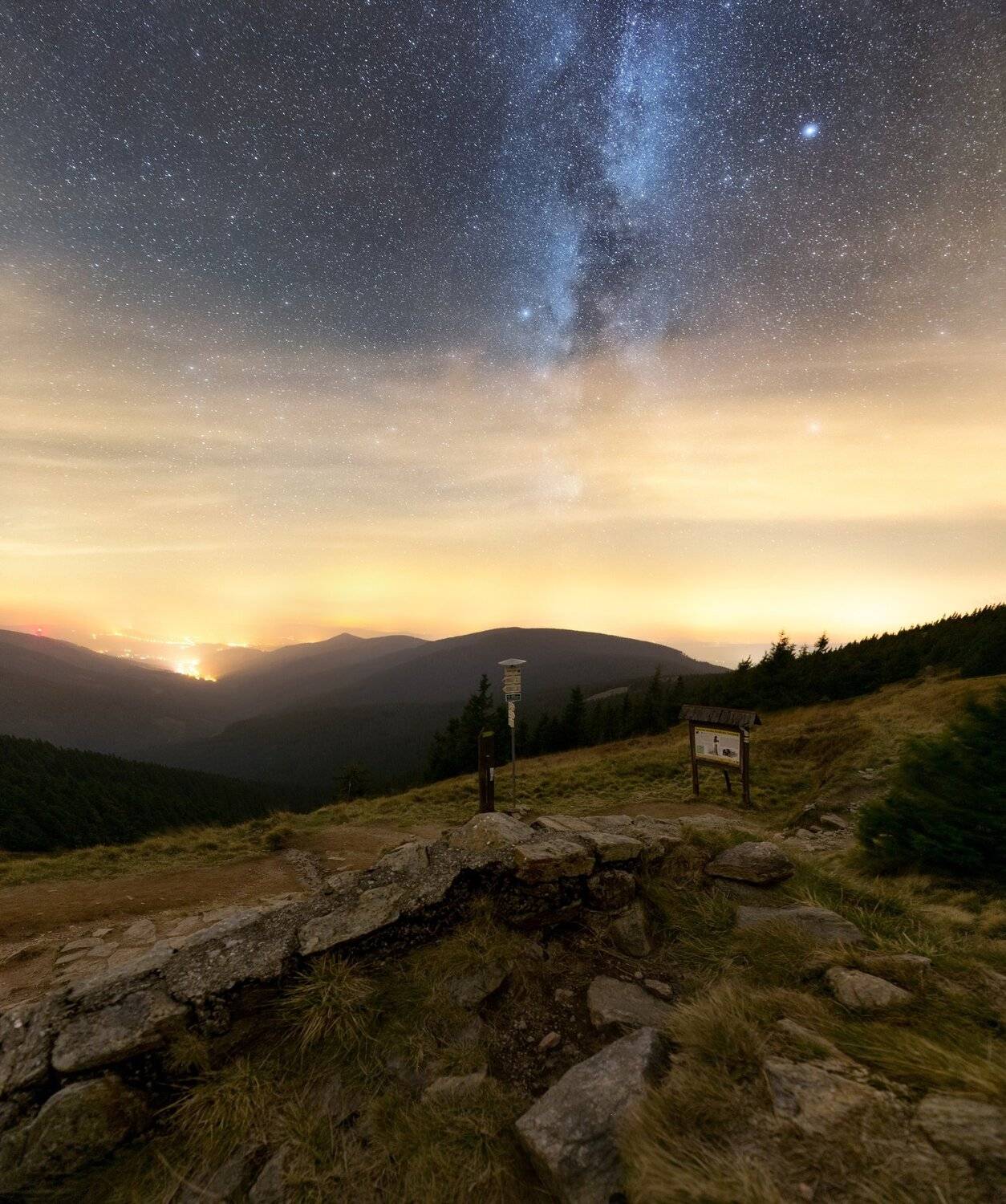 landscape, tree, mountain, stars, Petr Fiala