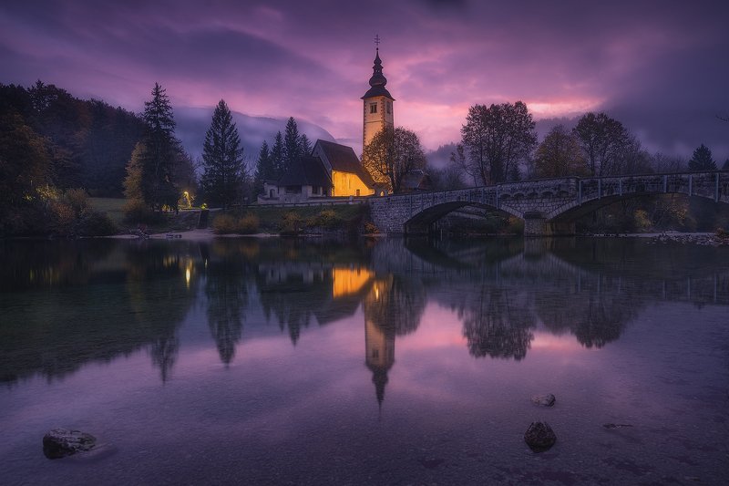 bohinj slovenija landscape sunrise clouds church reflection bohinj фото превью