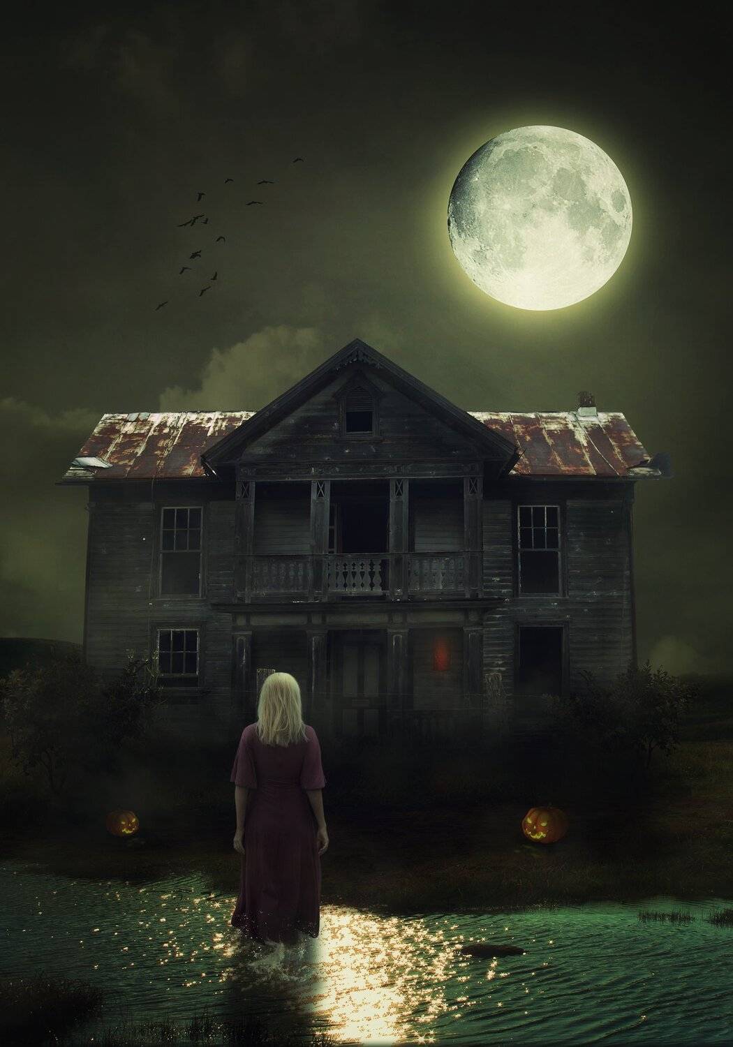 девушка, река, дом, луна, Sergii Vidov