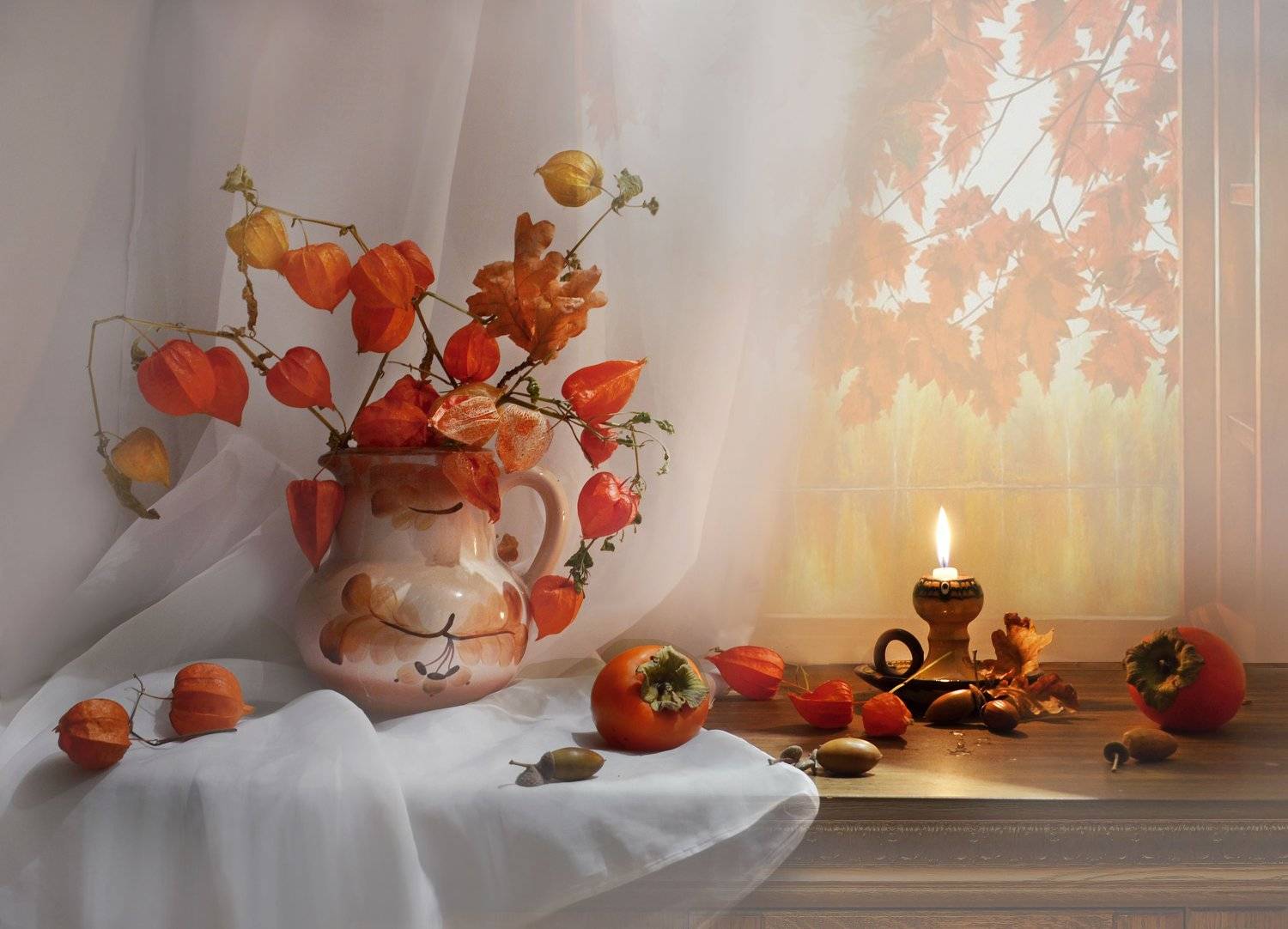 still life, натюрморт,фото натюрморт, стихи, ноябрь, хурма, физалис, осень,кленовые листья, свеча, подсвечник,, Колова Валентина