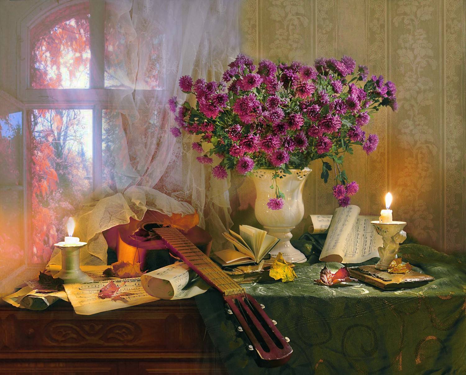 still life, натюрморт, цветы, хризантемы, фото натюрморт, стихи, свечи, книги, ноты, гитара, подсвечник, осень, октябрь, кленовые листья,, Колова Валентина