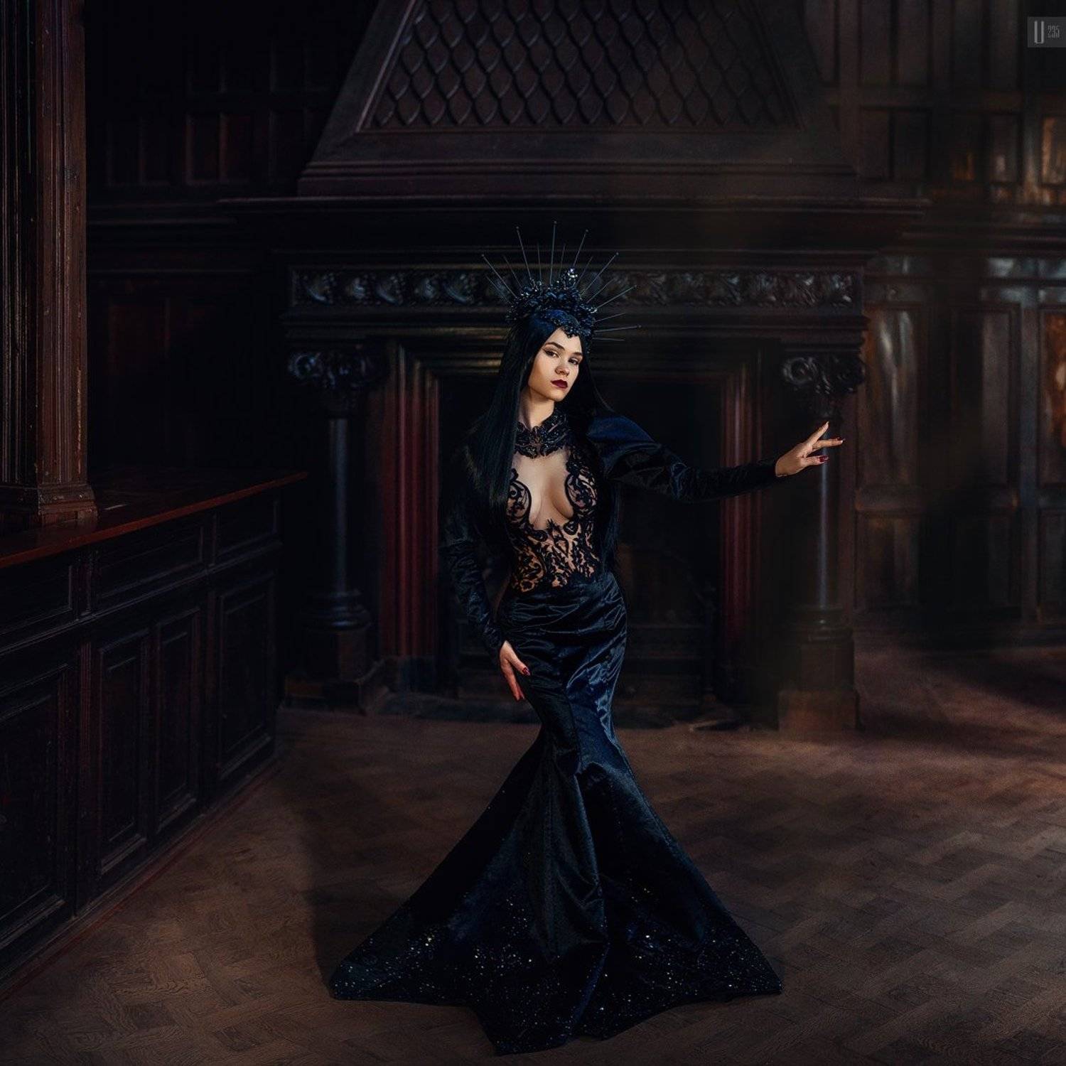 портрет,девушка,корона,платье,груди,замок,камин,колонны,паркет,свет,дерево, U-235