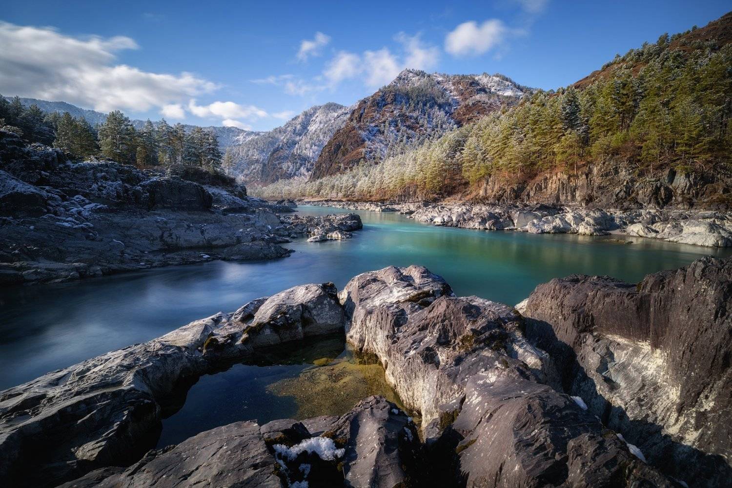 алтай, горный алтай, горы, снег, сосны, река, чемал, чемальский район, катунь, бирюза, ноябрь, скалы, long exposure, altai mountains, Алена Рубан