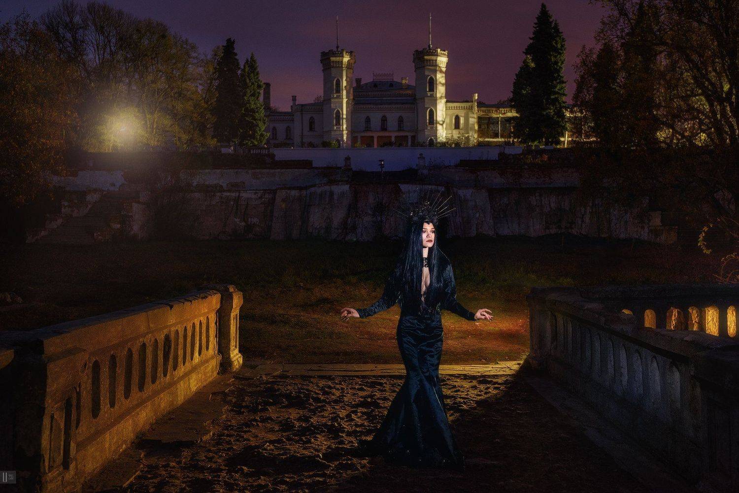 портрет,девушка,корона,платье,груди,замок,колонны,крыша,галерея,мостик,свет,фонарь,дерево,куст,мостик,туя,елка, U-235