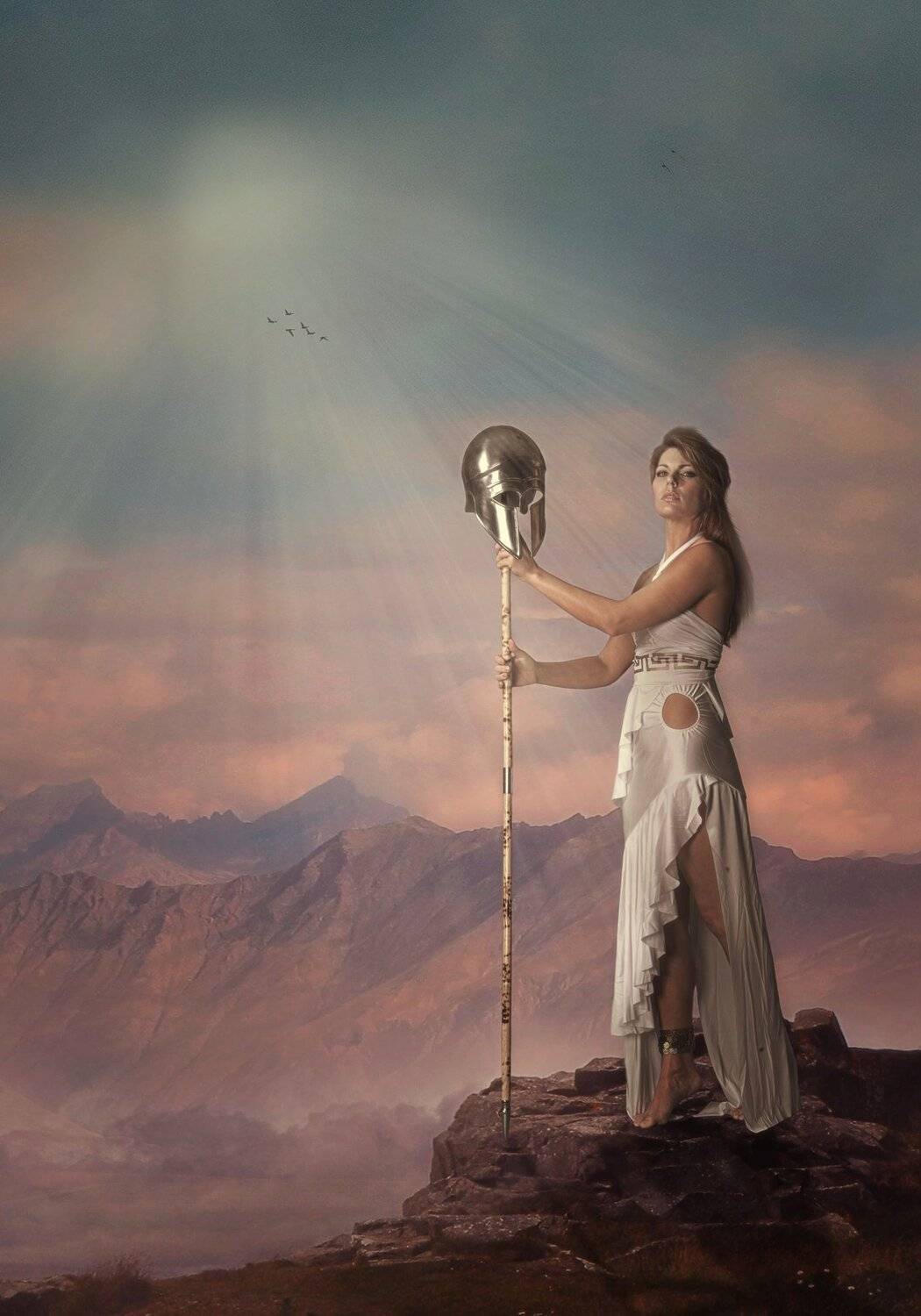девушка, копье, небо, скала, Sergii Vidov
