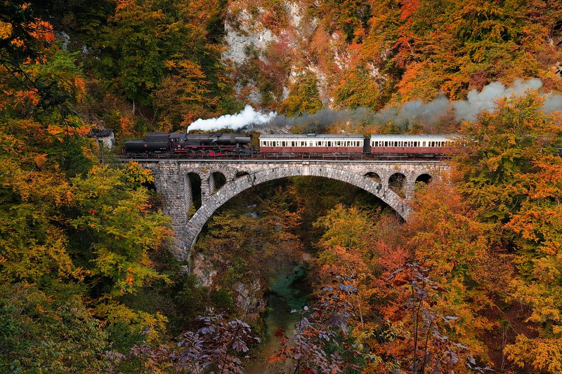 autumn, train, trees, bridge, gorge, colors, trip, slovenia, morning, Autumn 1945 фото превью