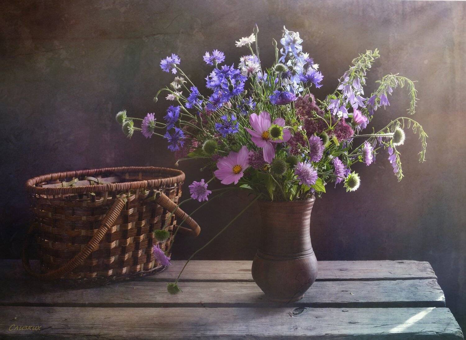 натюрморт,композиция,свет,корзина,лето,букет,разнотравье,крынка, Инаида