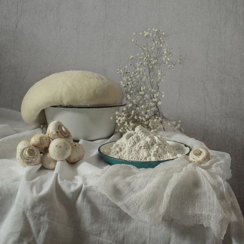 Натюрморт с тестом и шампиньонами