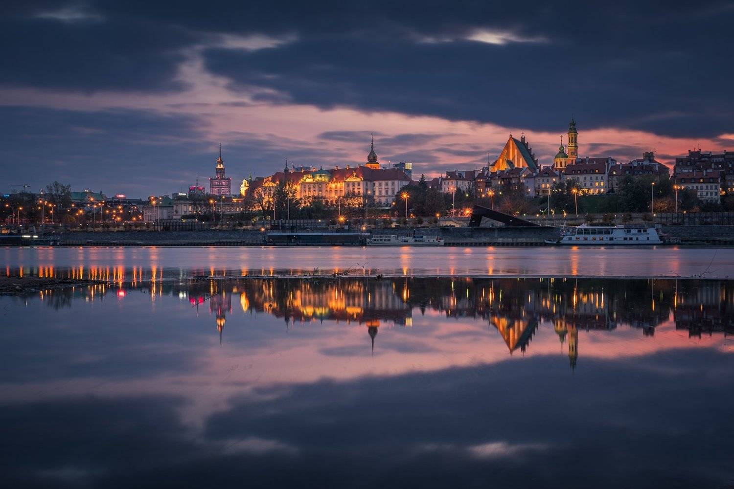 warsaw, city, architecture, vistula, river, reflection, night,, Artur Bociarski