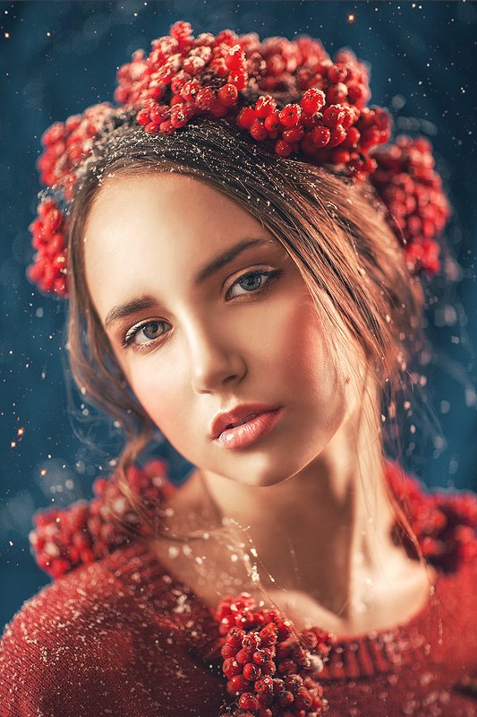 рябина, девушка, красный, нежность, осень, зима, снег, рябины, портрет, милая  Ноябрь фото превью