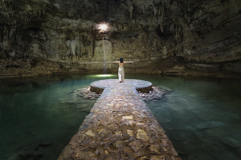 bridge, river, blue, water, cenote, mexico, people, cave Beauty in Cenote фото превью
