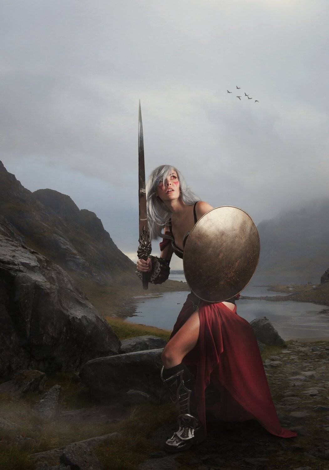 девушка, меч, щит, горы, Sergii Vidov