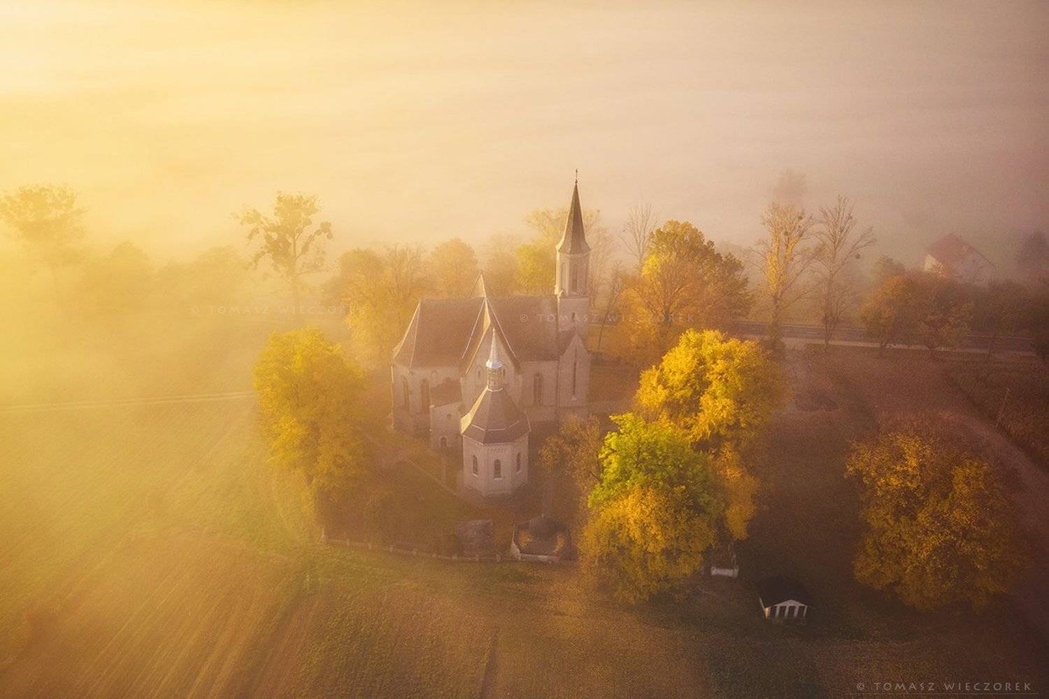 church, drone, dji, air, poland, polish, landscape, sunrise, sunset, colours, autumn, awesome, amazing, adventure, travel, beautiful, morning, fog, mist, mood, Tomasz Wieczorek