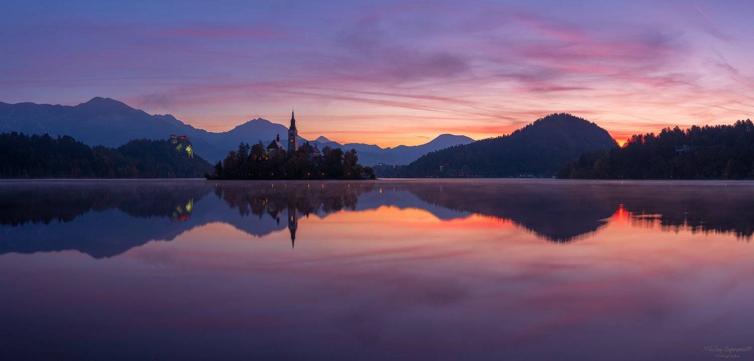 блед, бледское озеро, словения, юлианские альпы, рассвет, панорама, отражение, горы, европа, фототуры, slovenia, julian alps, bled, Николай Сапронов