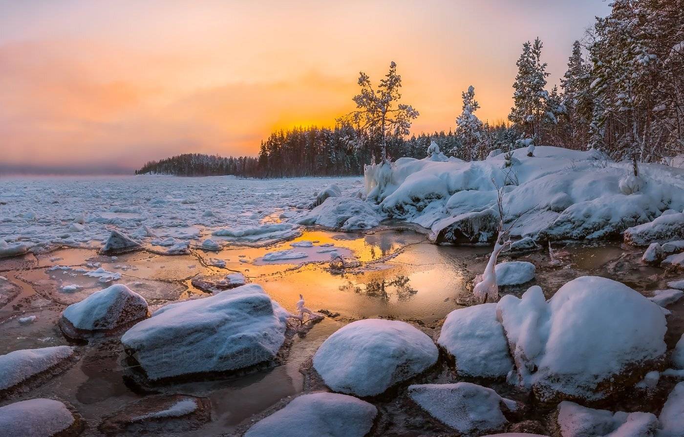 ладожское озеро, карелия, зима, сосна, в снегу, заснеженное, рассвет, облака, снег, зимнее, камни, лёд, льдины, отражение,, Лашков Фёдор