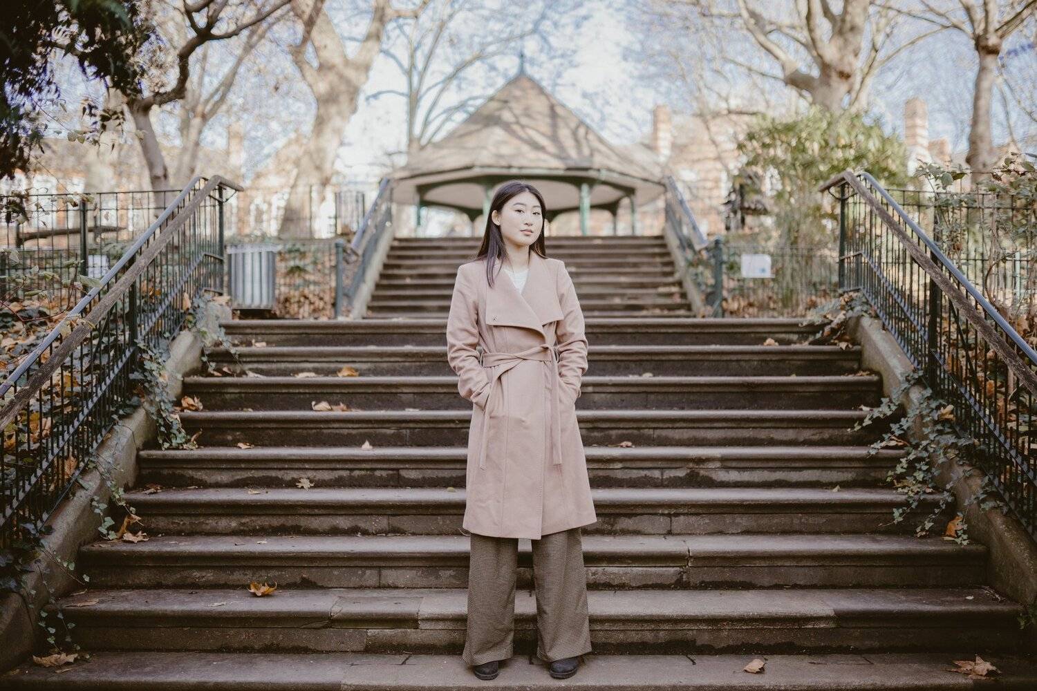 female, fashion, style, portrait, body, outdoors, outside, autumn, stairs, standing, woman, Marius