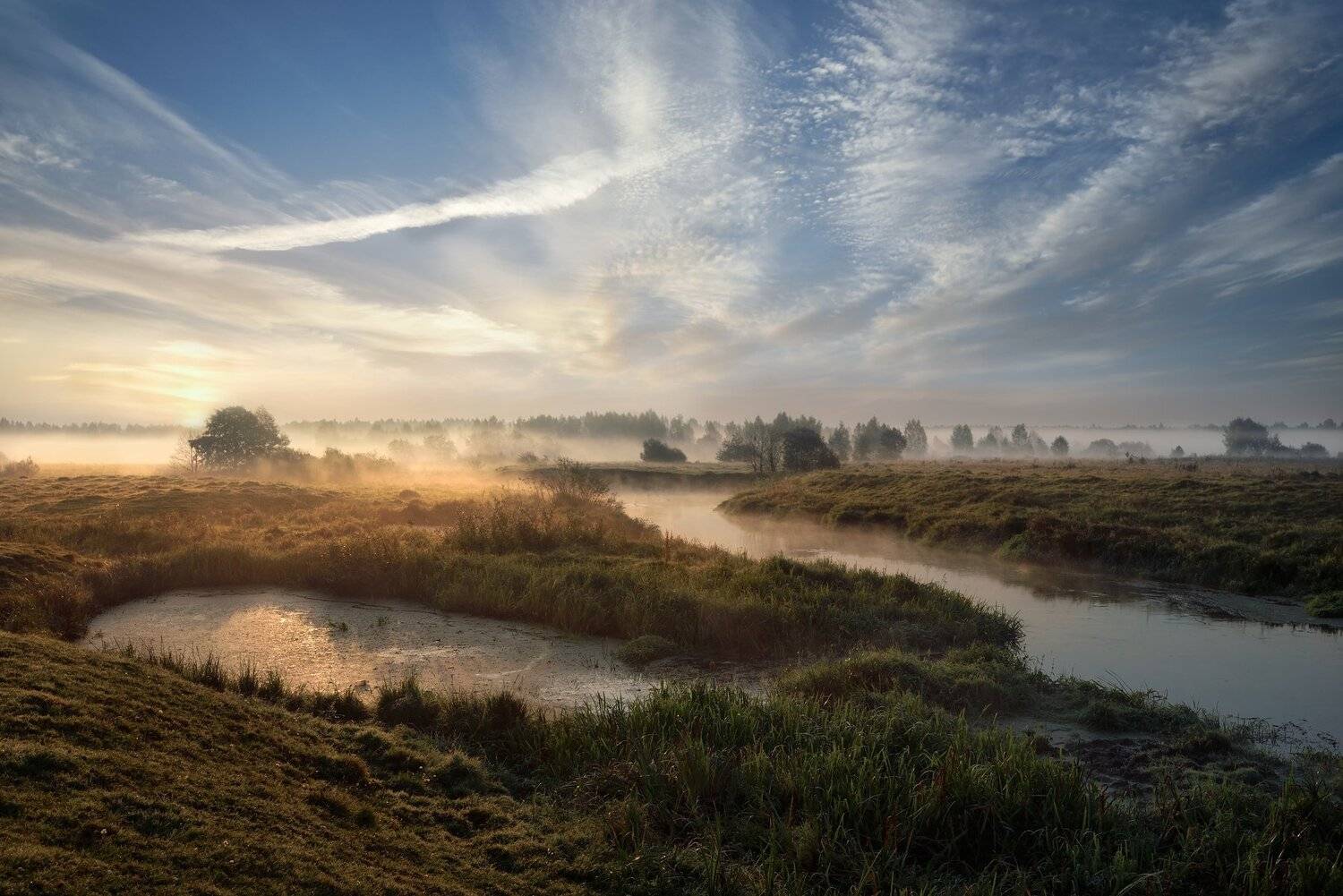 утро,рассвет,туман,река,небо,облака,солнце, Виталий Полуэктов