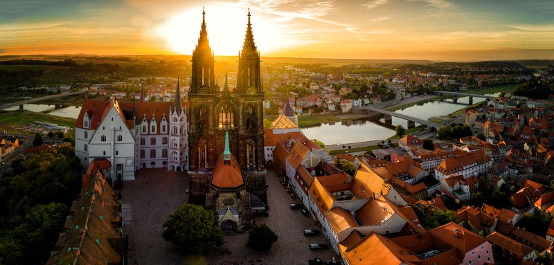Meissen, Germany, castle, river, Elbe, aerial, dawn, sunrise Мейссен на рассвете фото превью