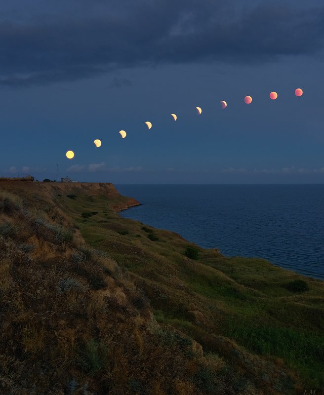 затмение, лето, луна, море, ночная съемка, ночной пейзаж, панорама, пейзаж, лунное затмение, красная луна, nightscape, night photography, lunar eclipse, eclipse, moon, sea Lunar eclipse фото превью