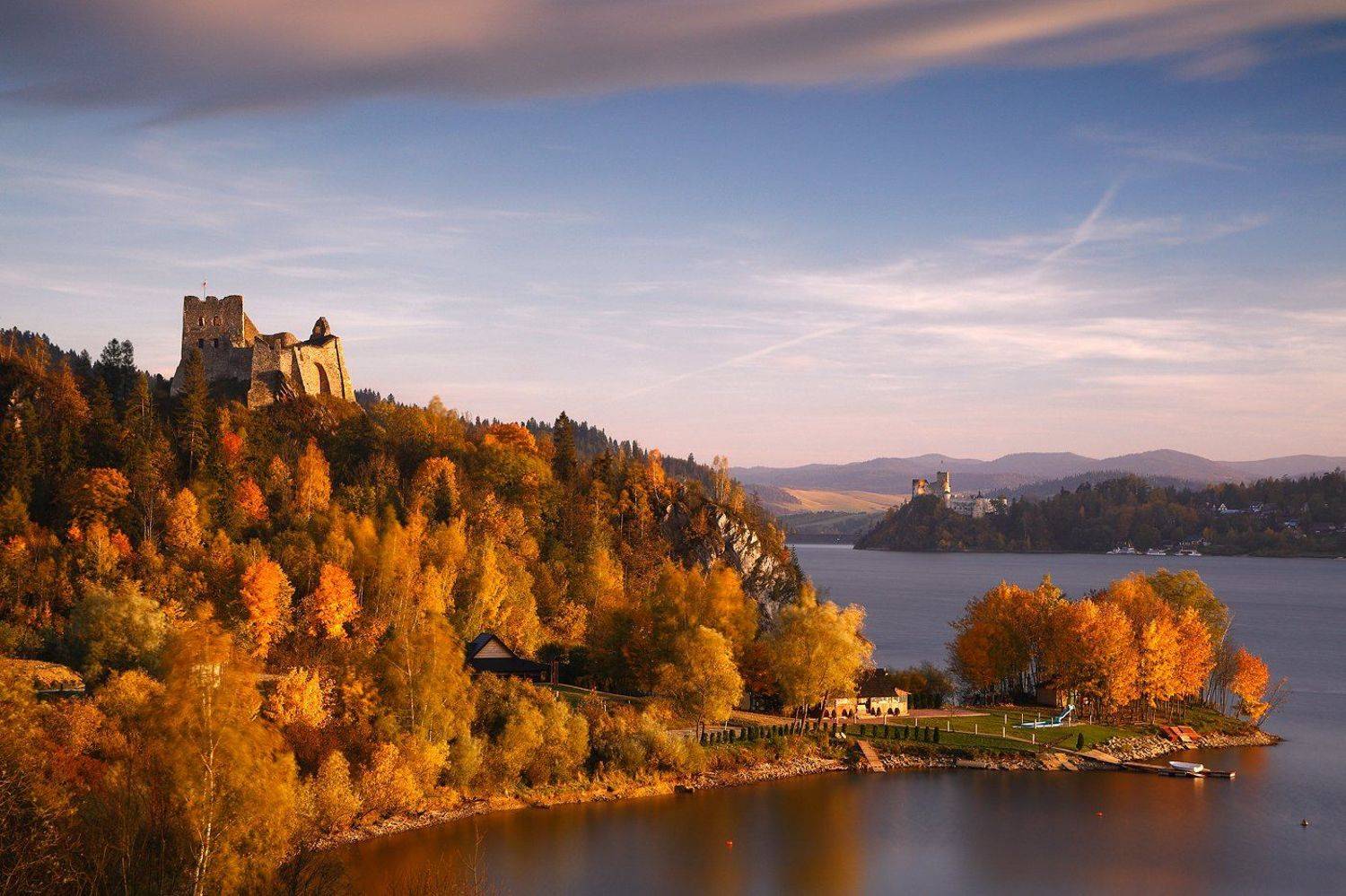 autumn, lake, water, yellow, tree, leaf, colour, sunset, castle,, Jacek Lisiewicz