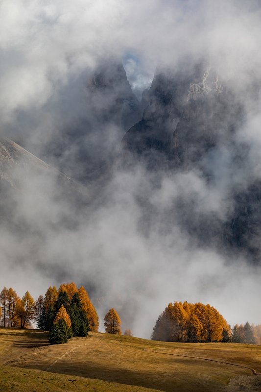 mountains, dolomites, italy, sunrise, landscape, nature, travel, autumn, peak, clouds , trees Just Autumn фото превью