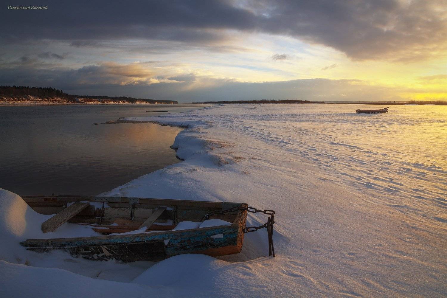 лодки, река, закат, зима, вечер, отражение, Смольский Евгений